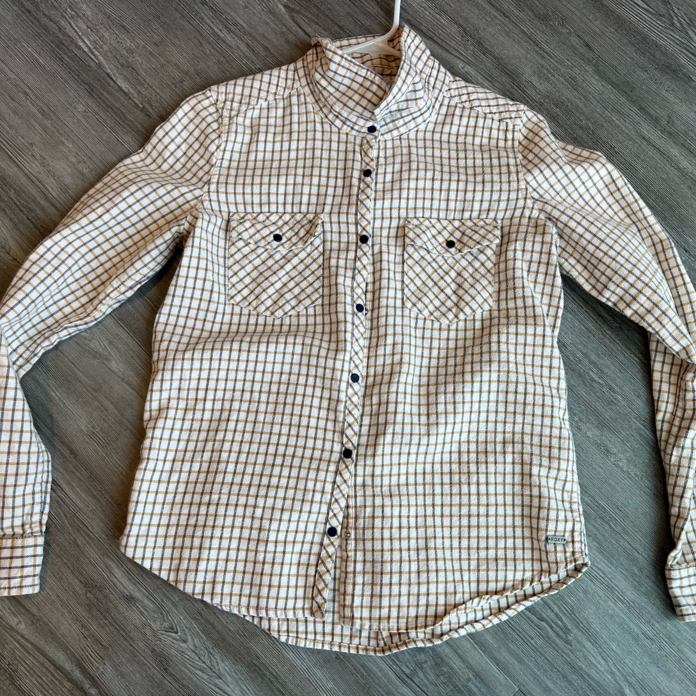 Roxy women's yellow plaid flannel shirt size Medium M 100% cotton long sleeve